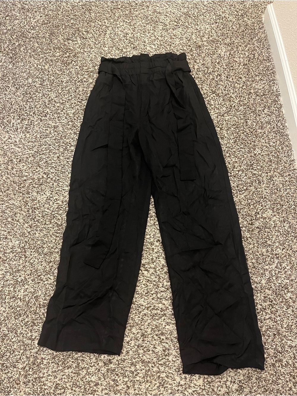 Point Sur High-Waist Black Paperbag Wide-Leg Pants with Tie Belt